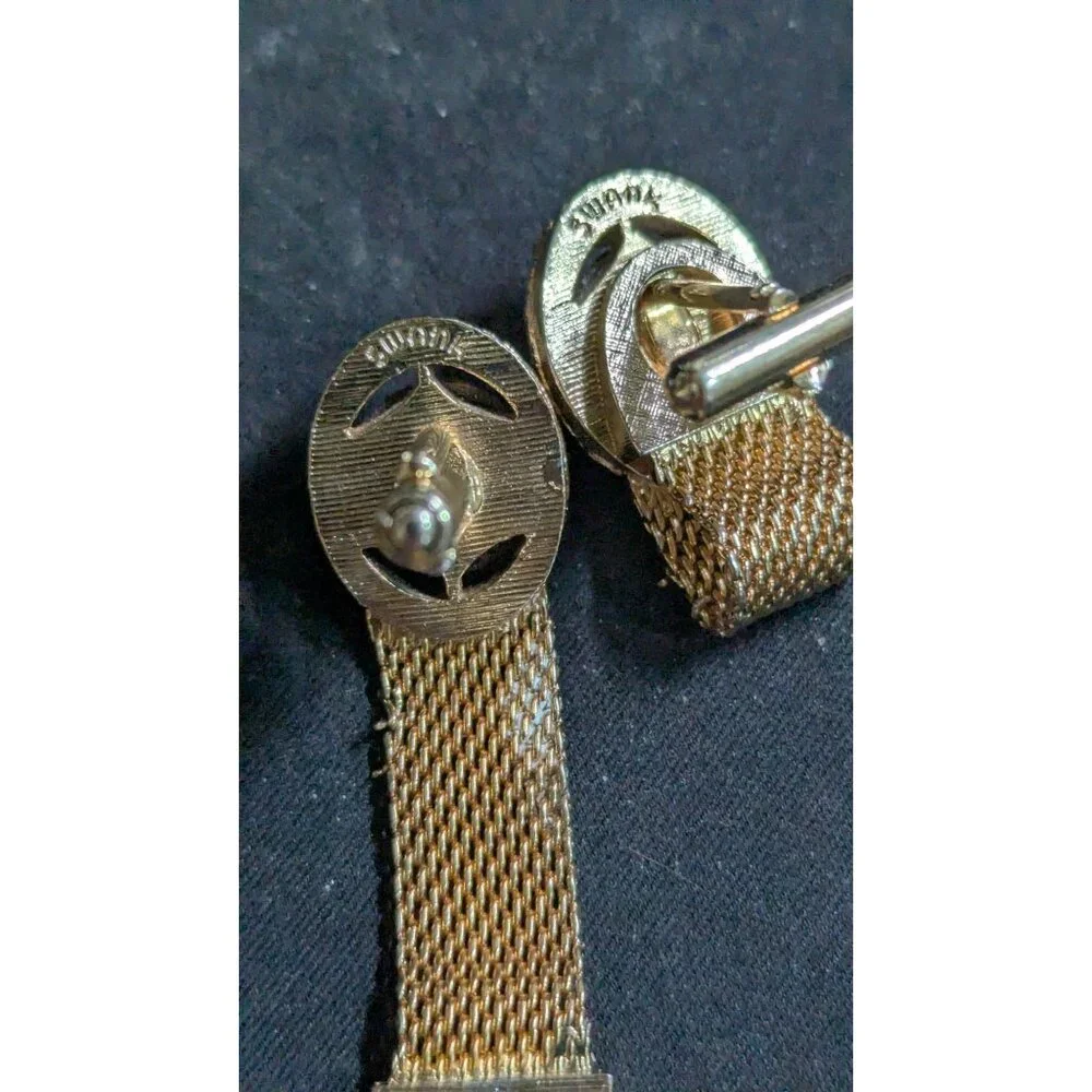 Swank Vintage Wrap Around Mesh Cufflinks Brown Cabochon Stones Gold-Tone Finish‎